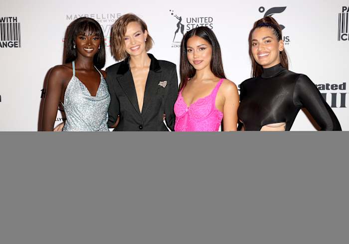 HOLLYWOOD, FLORIDA - MAY 20: (L-R) Duckie Thot, Josephine Skriver, Cindy Kimberly and Lorena Duran attend as Sports Illustrated Swimsuit celebrates the launch of the 2022 issue and debut of Pay With Change at Seminole Hard Rock Hotel & Casino Hollywood on May 20, 2022 in Hollywood, Florida.